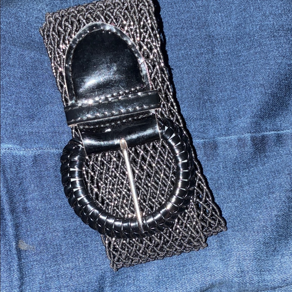 Rhinestone- embellished black leather belt with circular buckle